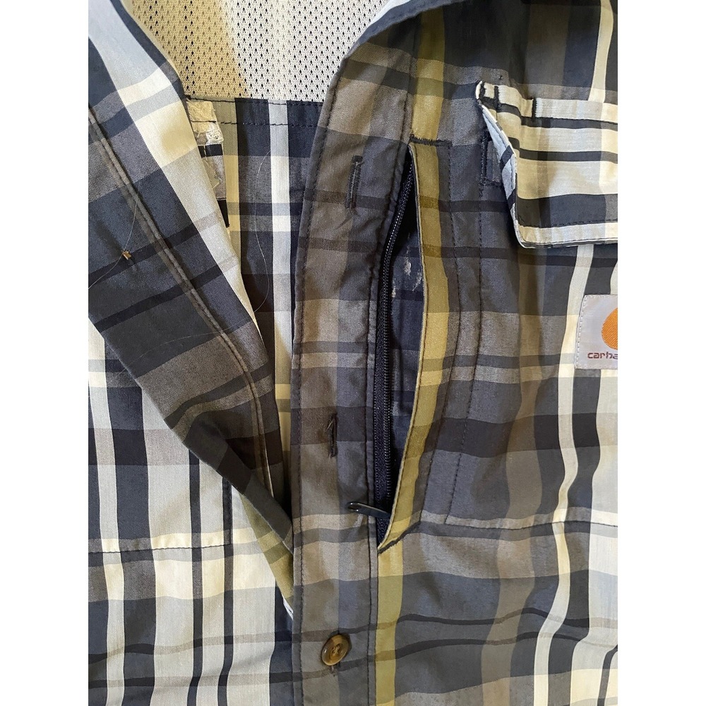 Carhartt RCE Men's Short Sleeve Sz L Button Blue Plaid Relax Fit Side Zip Pocket - Picture 5 of 8